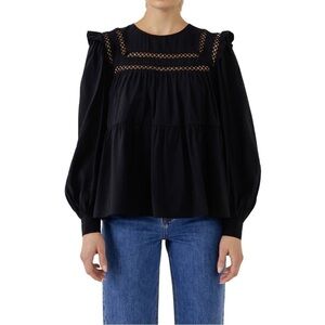 English Factory Ruffled Lace Insert Crochet Black Flowy Puff Sleeve Blouse